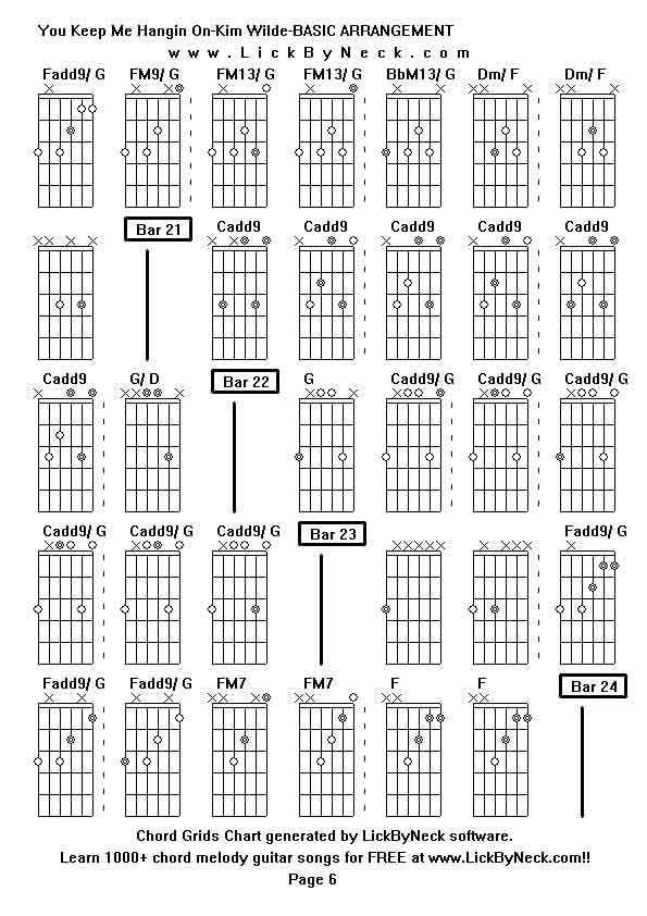 Chord Grids Chart of chord melody fingerstyle guitar song-You Keep Me Hangin On-Kim Wilde-BASIC ARRANGEMENT,generated by LickByNeck software.